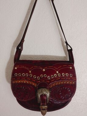 American West Red Leather Hand Tooled Saddle Bag with Brass Buckle and Accents